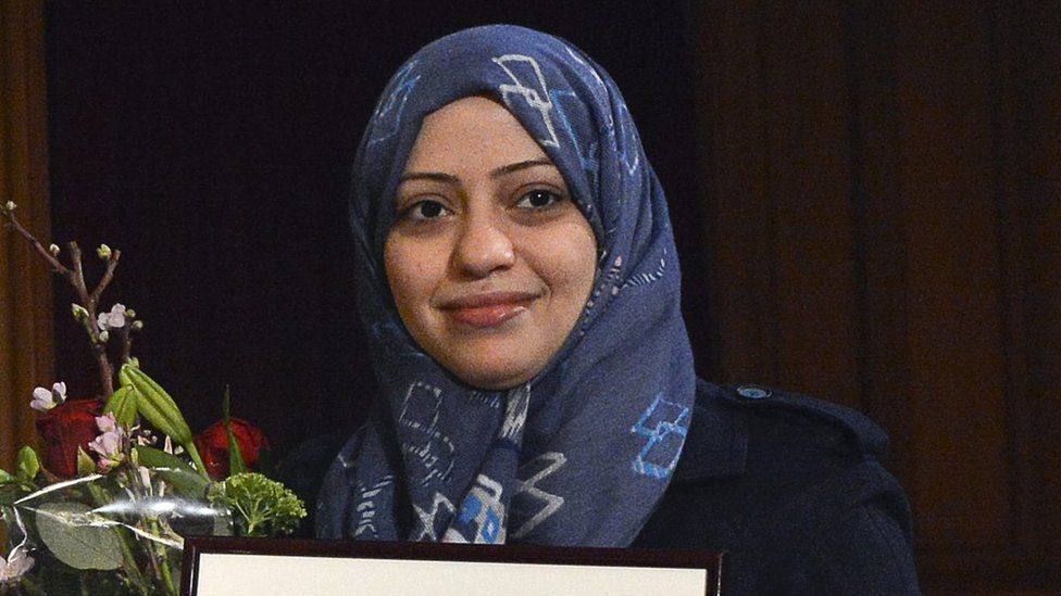 Samar Badawi, receives the Olof Palme prize at the 2nd chamber of the Swedish Parliament in Stockholm, Sweden, 25 January 2013 (