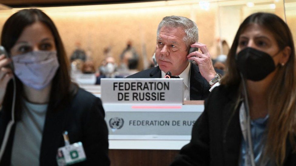 Russian ambassador Gennady Gatilov attends the opening of a session of the UN Human Rights Council on February 28, 2022