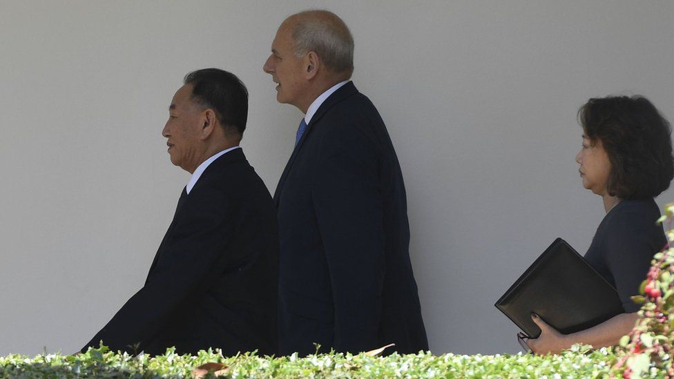 White House chief of staff John Kelly (C) escorts North Korean General Kim Yong-chol (L) to the White House on 1 June 2018