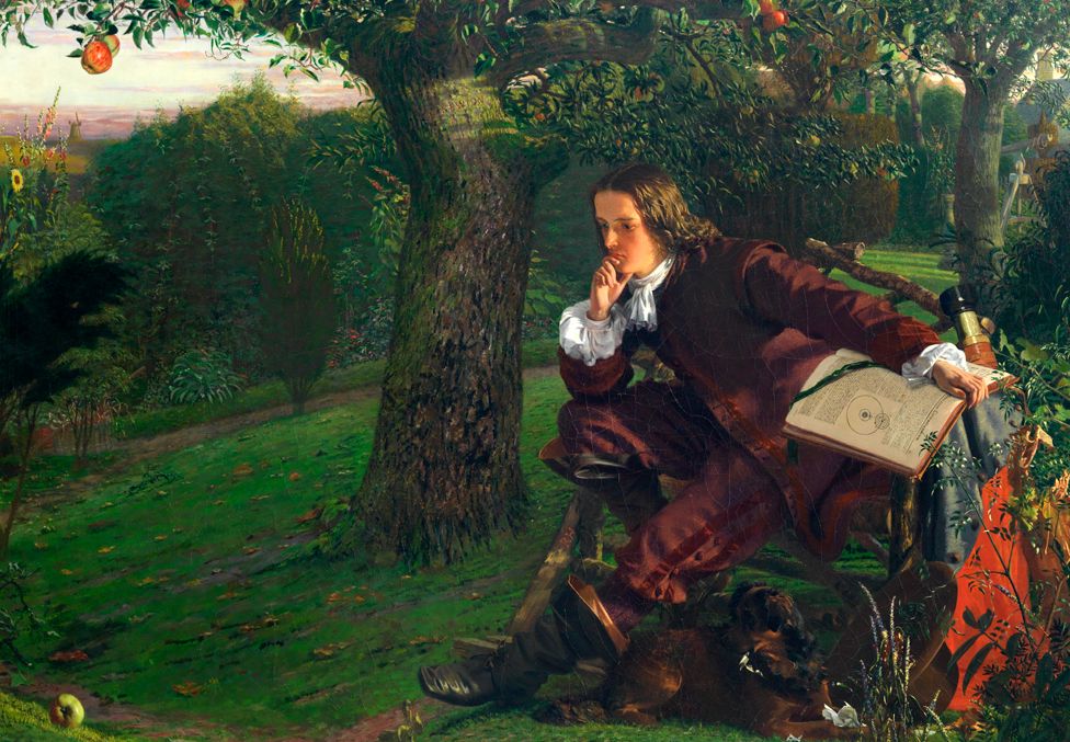 Issac Newton sits under an apple tree - 19th Century painting by Robert Hannah