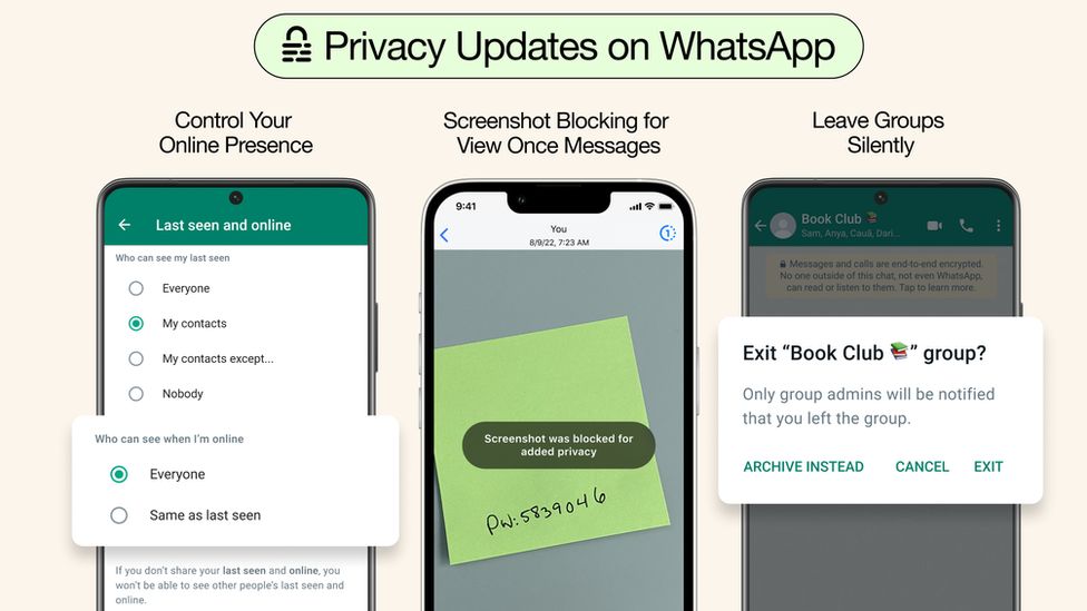 Инфографика WhatsApp, показывающая, как три новые функции конфиденциальности будут выглядеть в приложении, отображаемом на смартфоне