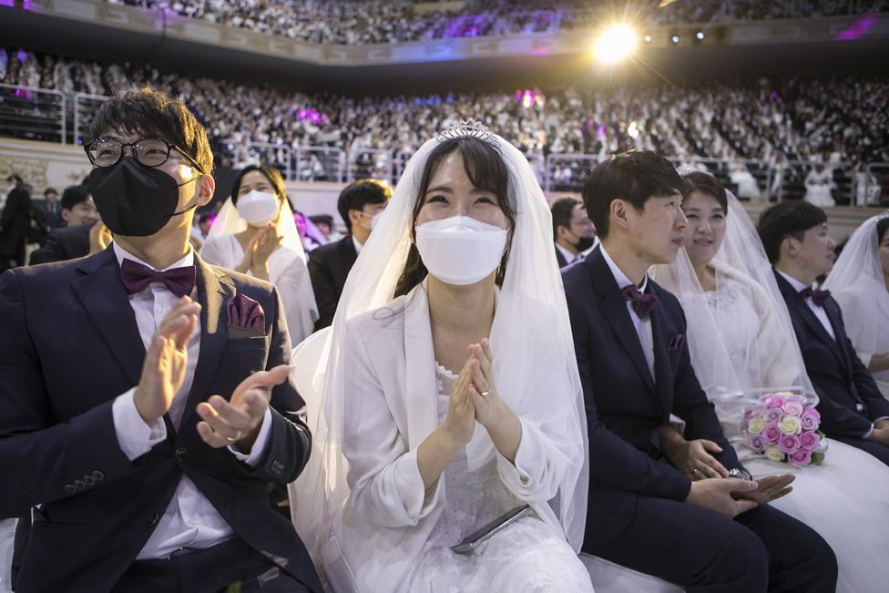 Couples at a a mass wedding ceremony organised by the Unification Church in Gapyeong.