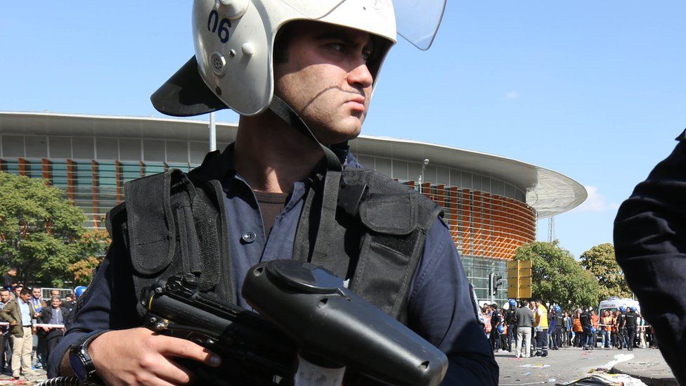 A policeman outside a stadium in Ankara, Turkey, Saturday 10 October 2015