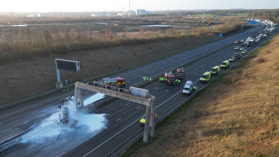 A1 M tanker crash Motorway reopens after clean up BBC News