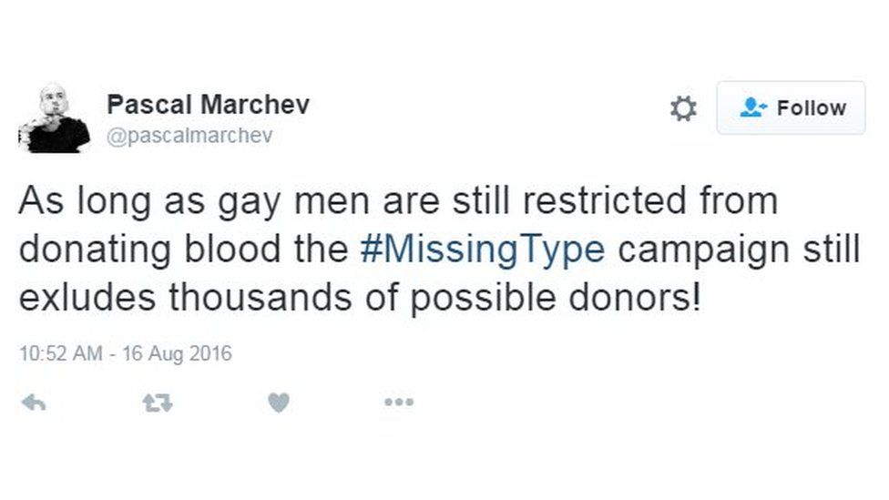 As long as gay men are still restricted from donating blood the #MissingType campaign still exludes thousands of possible donors!