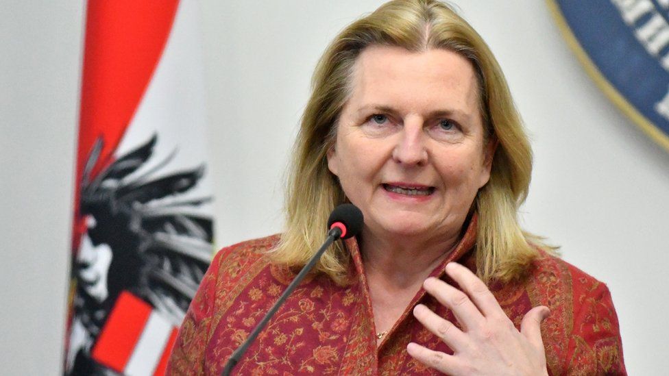 Austrian Foreign Minister Karin Kneissl addresses the media on 22 February