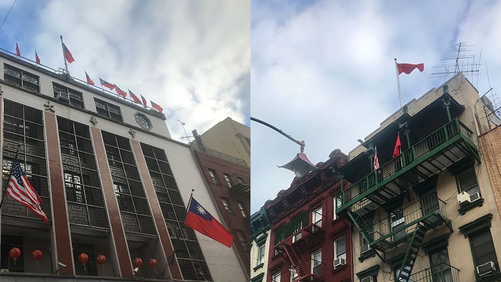 The ROC flag flies in Manhattan's Chinatown, across the street from the PRC flag.