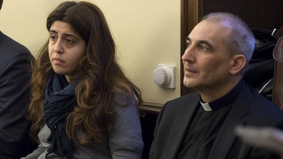 Mgr Vallejo (right) and Ms Chaouqui in court, 24 Nov 15 (L'Osservatore Romano/Pool Photo via AP)