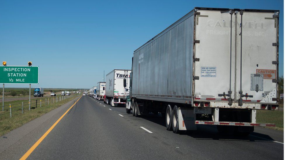 Trucks queuing near the US-Mexico border in Laredo