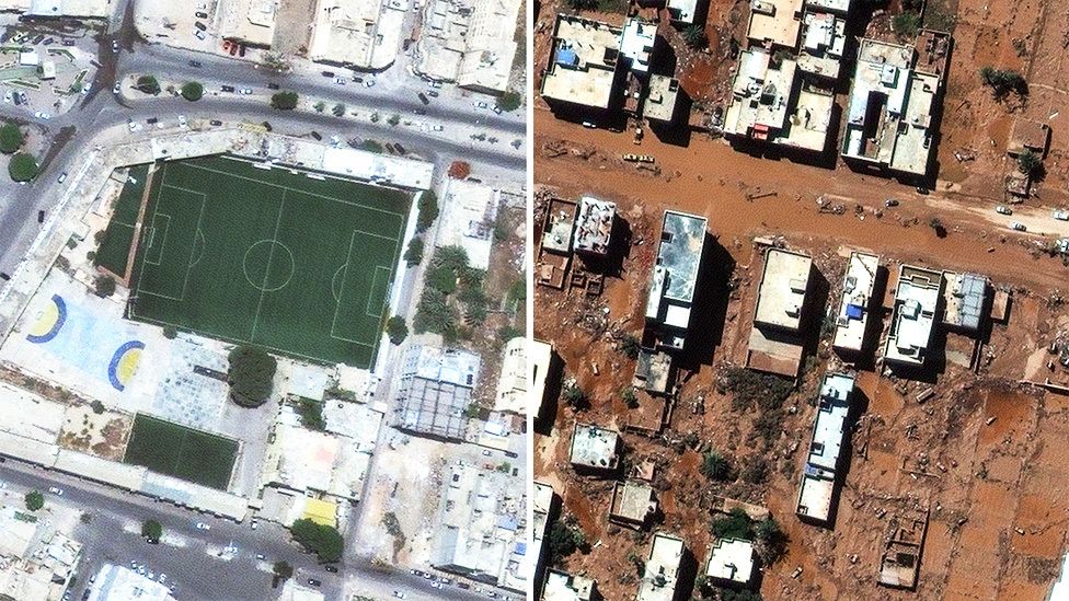 Before and after satellite images of area around football club in Derna