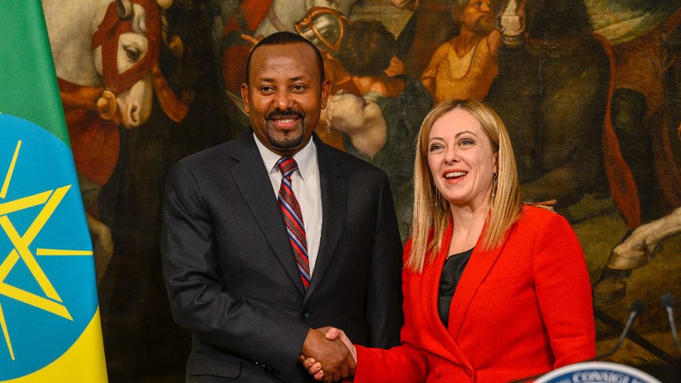 Italy's Prime Minister Giorgia Meloni shakes hands with her Ethiopian counterpart Abiy Ahmed in Rome, Italy - Monday 6 February 2023