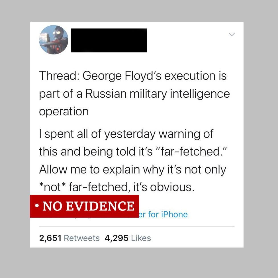 Screenshot of Tweet claiming Russia is behind the US protests. Labelled "no evidence"
