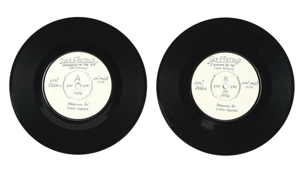 Test pressings of the Sex Pistols' single Anarchy In The UK/I Wanna Be Me from 1976
