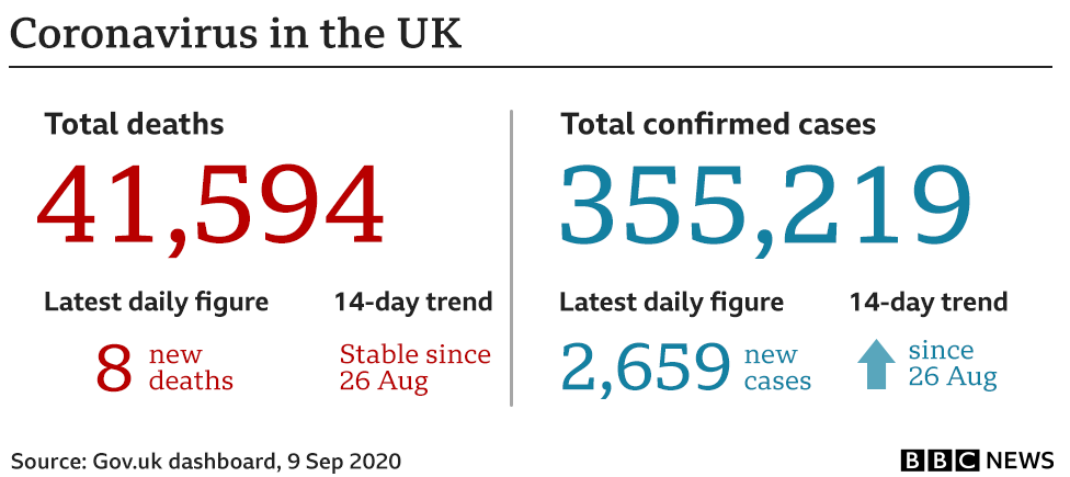 Graphic showing the key UK government coronavirus numbers: 41,594 deaths (+8) and 355,219 (+2,659) cases