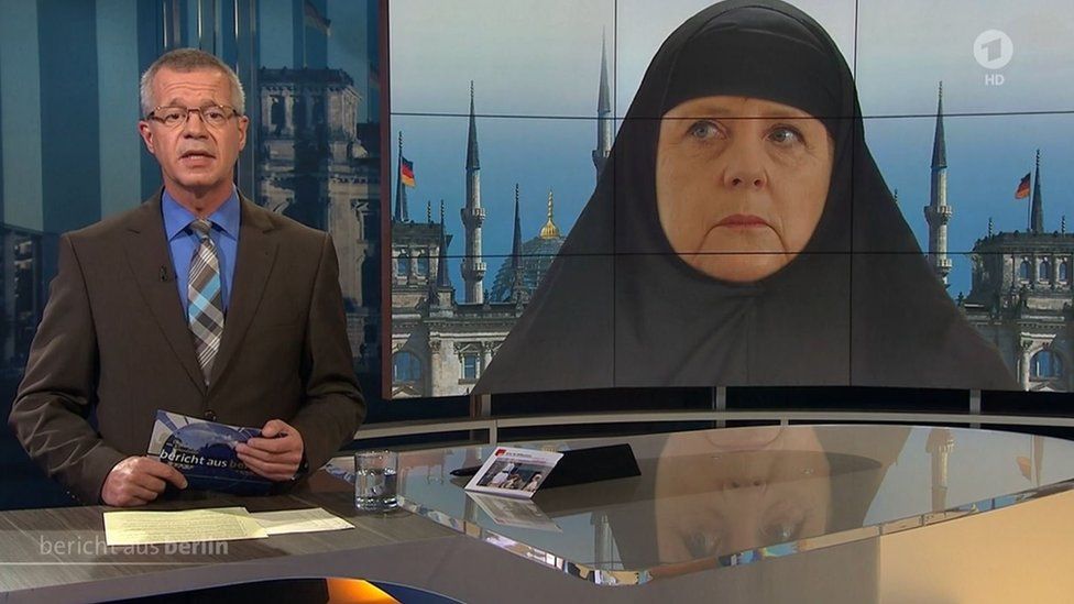 German TV channel shows mocked up image of Angela Merkel in a hedascarf