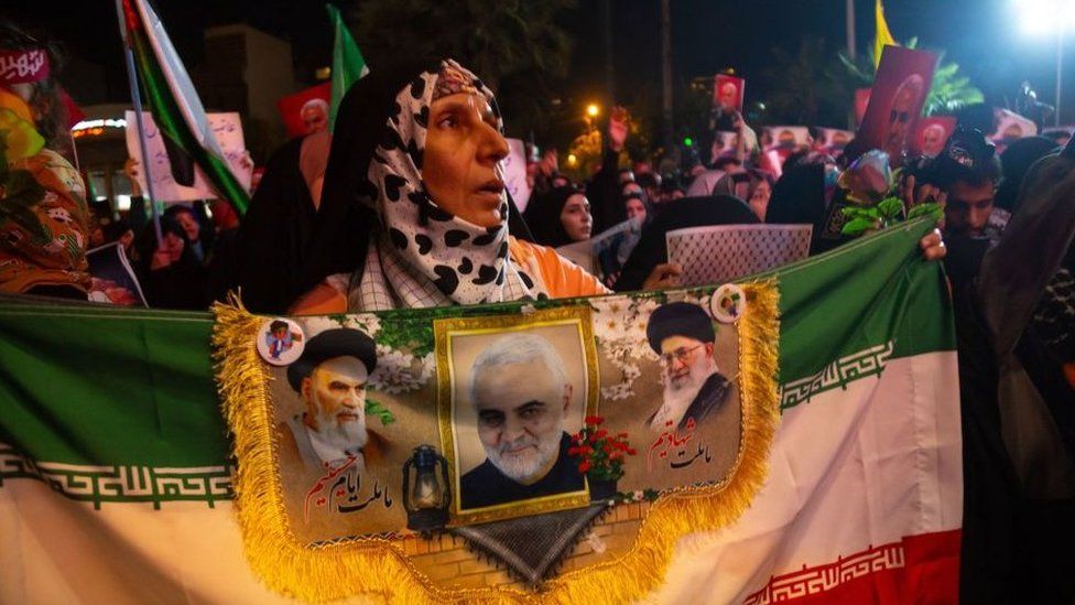 An Iranian pro-government protester joins a celebration of the Hamas attack on Israel in Tehran on 7 October 2023