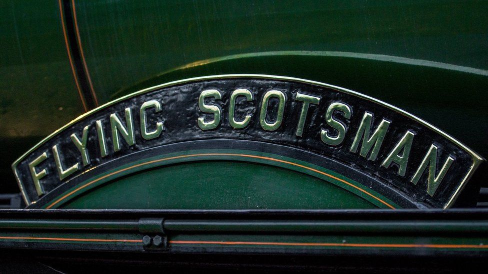 A close-up of the Flying Scotsman's nameplate