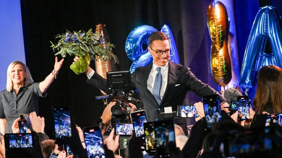 Alexander Stubb (centre) celebrates his election victory in Helsinki, Finland. Photo: 11 February 2024