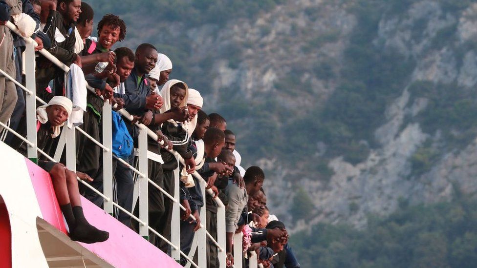 Migrants arriving in the Italian port of Salerno in 2017