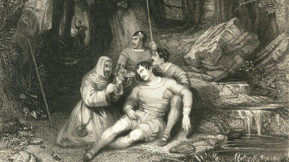 Etching of Llywelyn wounded on the floor in a forest with attendants