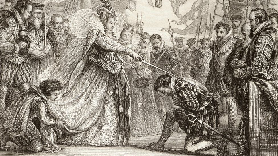 Queen Elizabeth I knighting Sir Francis Drake on board the Golden Hind at Deptford in London on 4 April 1581.