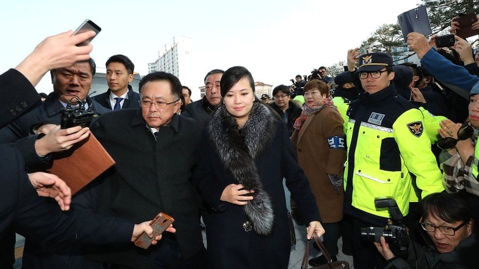Hyon Song-wol, head of the North Korea's Samjiyon Orchestra, arrive at the Gangneung Art Centre to check the venues for its proposed art performances at Pyeongchang 2018 Winter Olympics on 21 January 2018 in Gangneung, South Korea