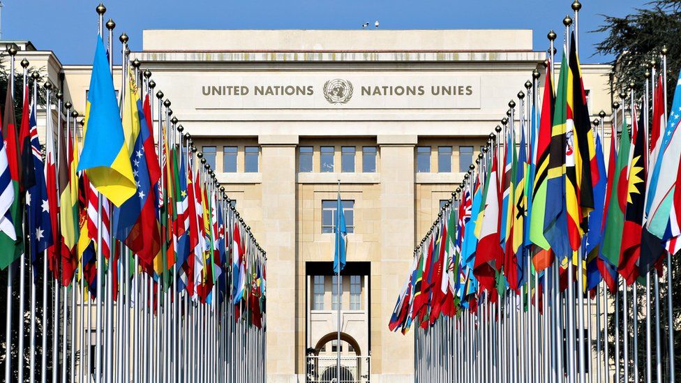 Здание ООН с флагами снаружи