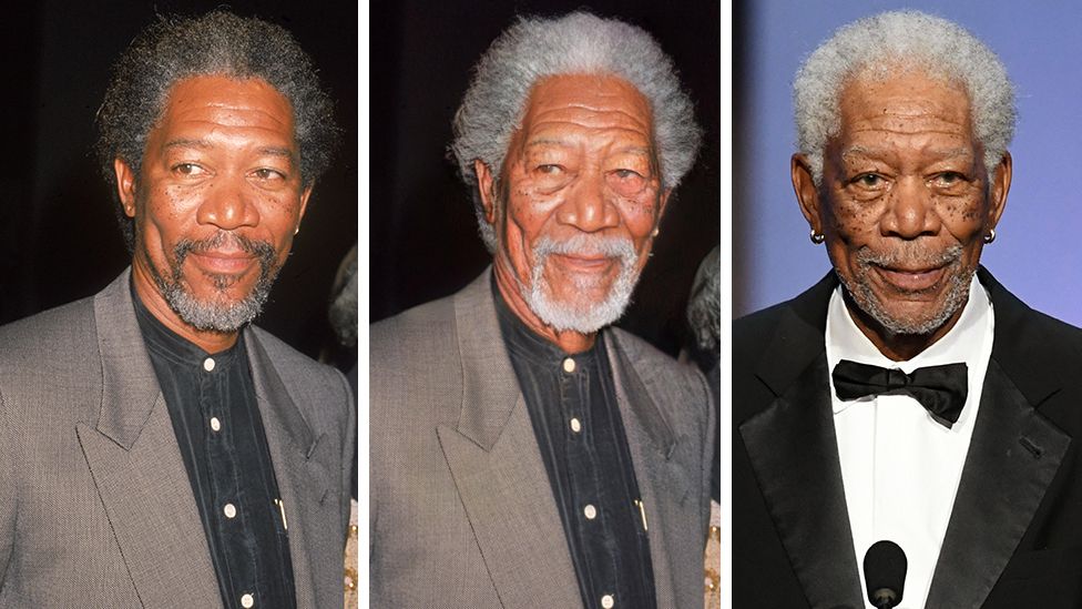 Composite image of Morgan Freeman before the app, after it and what he looks like now