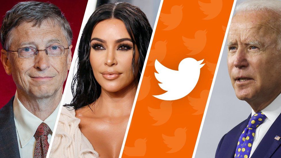 A four-part compiste shows Bill Gates, Kim Kardashian, the Twitter logo, and Joe Biden