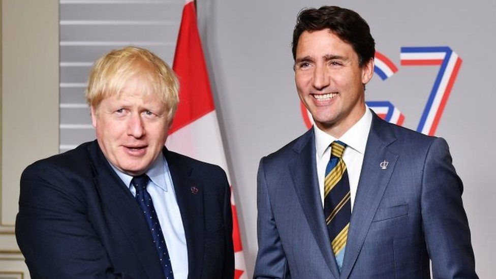 Prime Minister Boris Johnson meets Canadian Prime Minister Justin Trudeau at the G7 summit in Biarritz, France in 2019