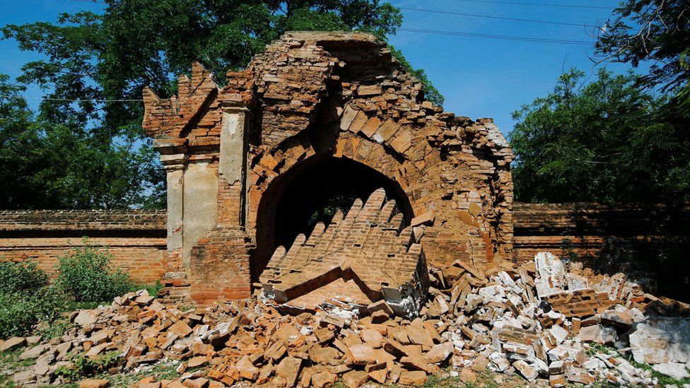 The entrance of a collapsed pagoda is seen after an earthquake in Bagan, Myanmar, 25 August 2016.
