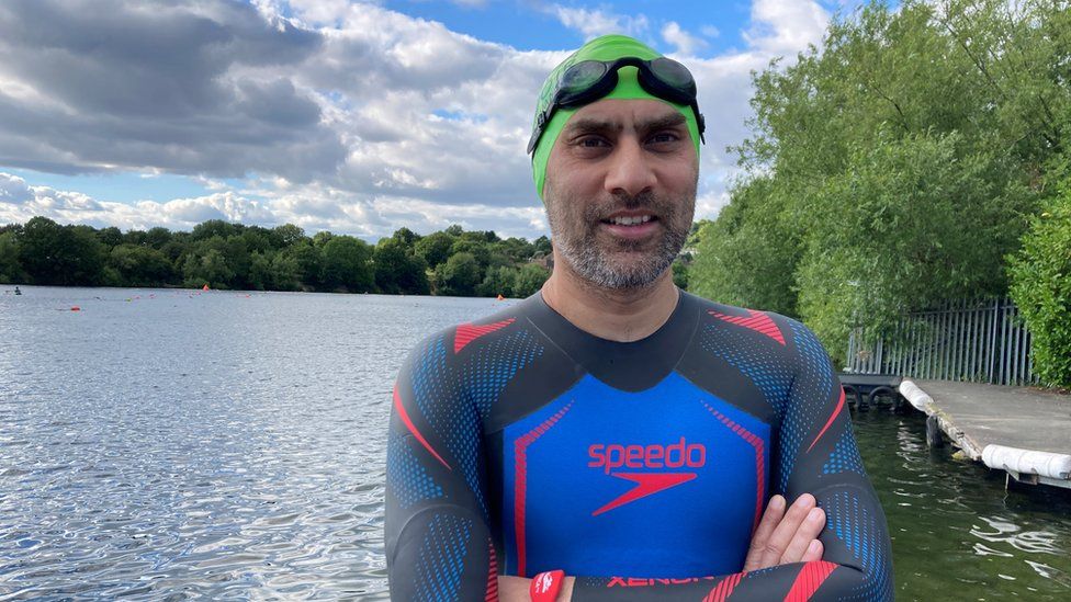 Mohammed Sheikh, aged 52, from Wolverhampton. He’s a chartered accountant and has 6 children and 2 grandchildren. Started open water swimming 12 months ago.