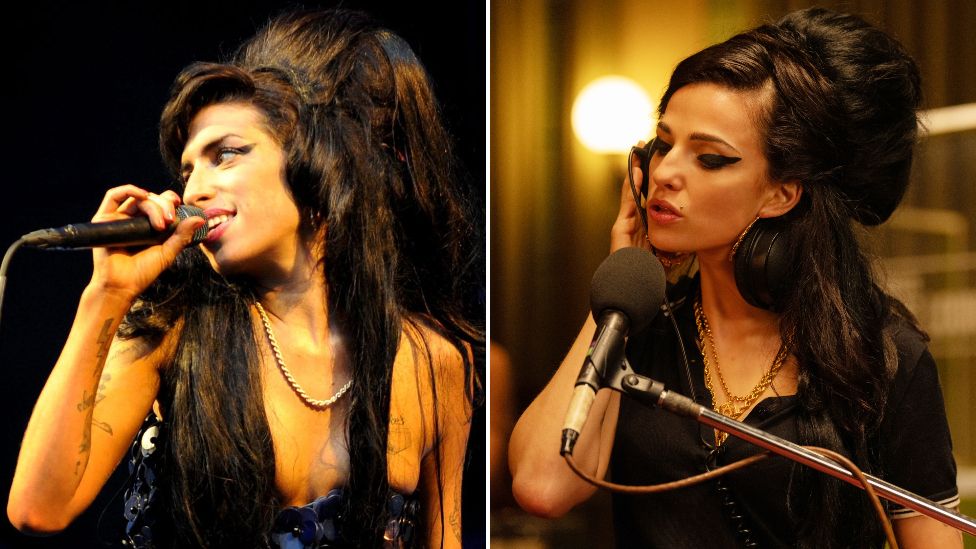 The real Amy Winehouse performing in 2008 (left), and actress Marisa Abela portraying the singer in the film
