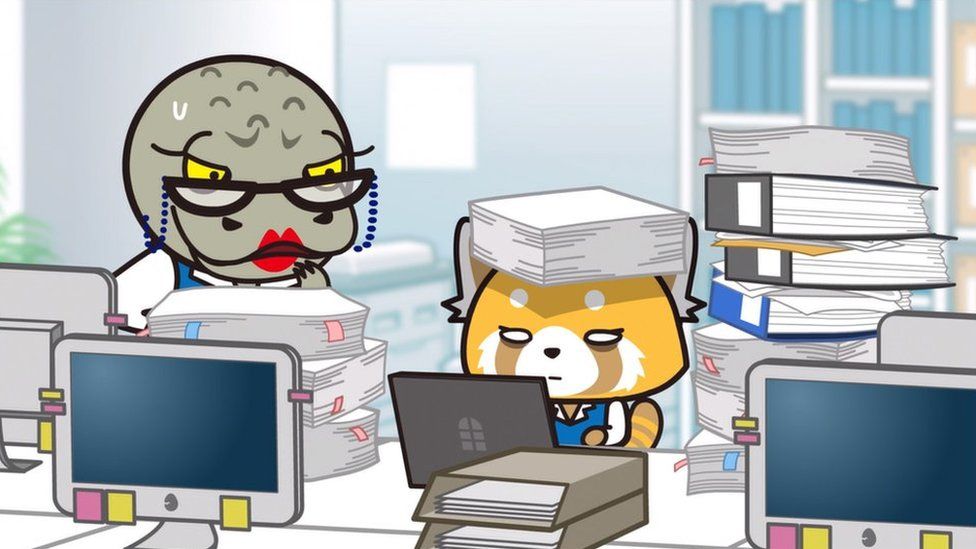 Retsuko tells her colleague Kabae that she is often snowed under mountains of work