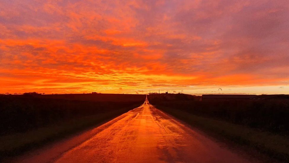 Orange sky reflecting on a wet straight road