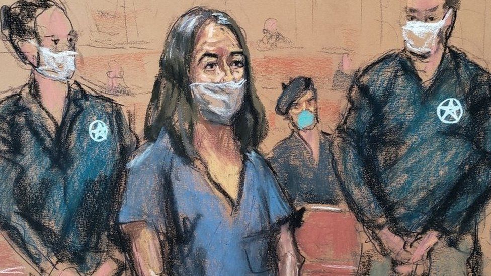 A courtroom sketch of Ghislaine Maxwell appearing in court