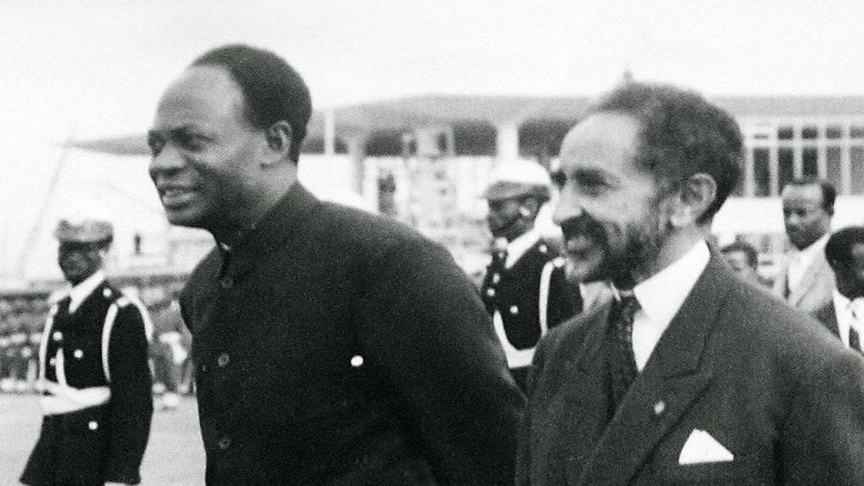The Ethiopian Emperor Haile Selassie (C) and Ghana"s founder and first President Kwame Nkrumah (L) during the formation of the Organization of African Unity in Addis Ababa. Ghana