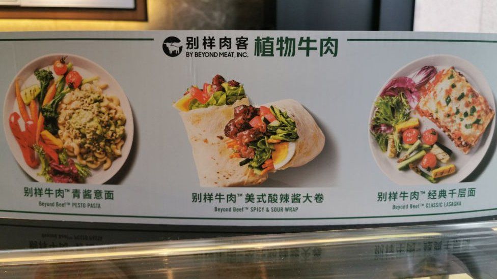 Plant-based meat dishes are seen offered at a Starbucks store on April 22, 2020 in Shanghai, China.