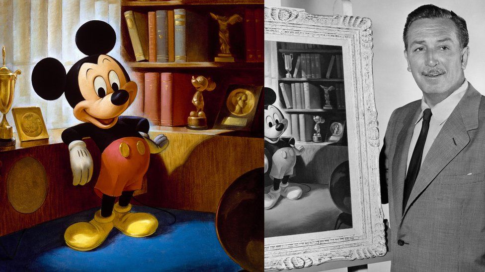 John Hench alongside an official portrait he painted of Mickey Mouse.