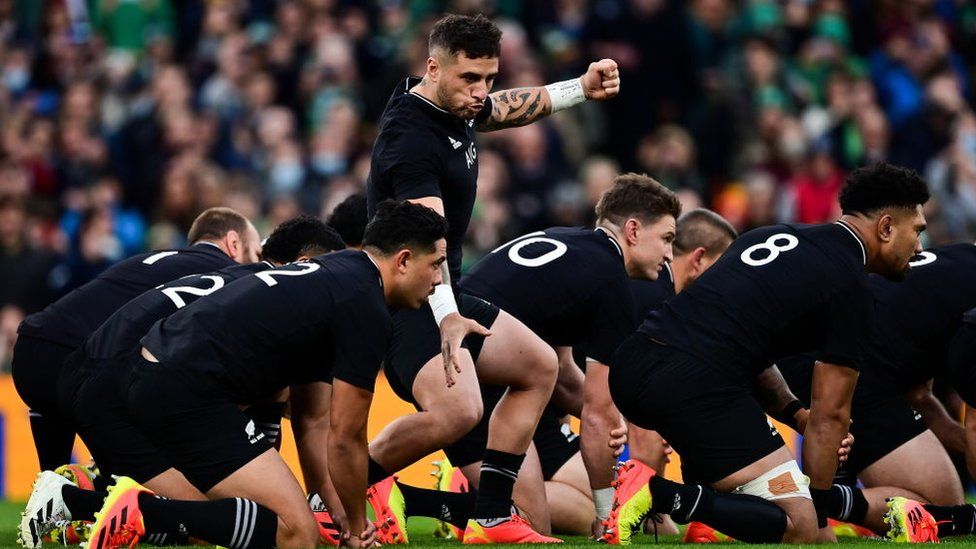 TJ Perenara of New Zealand leads the Haka before the Autumn Nations Series match between Ireland and New Zealand at Aviva Stadium in Dublin.