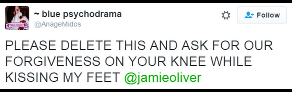 A tweet reads: "PLEASE DELETE THIS AND ASK FOR OUR FORGIVENESS ON YOUR KNEE WHILE KISSING MY FEET @jamieoliver"