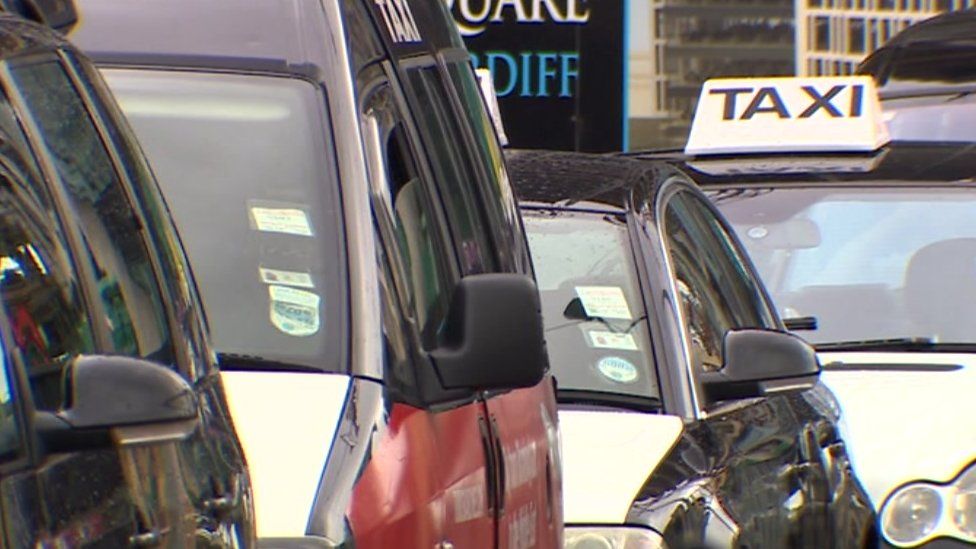 Taxis queued in Cardiff city centre