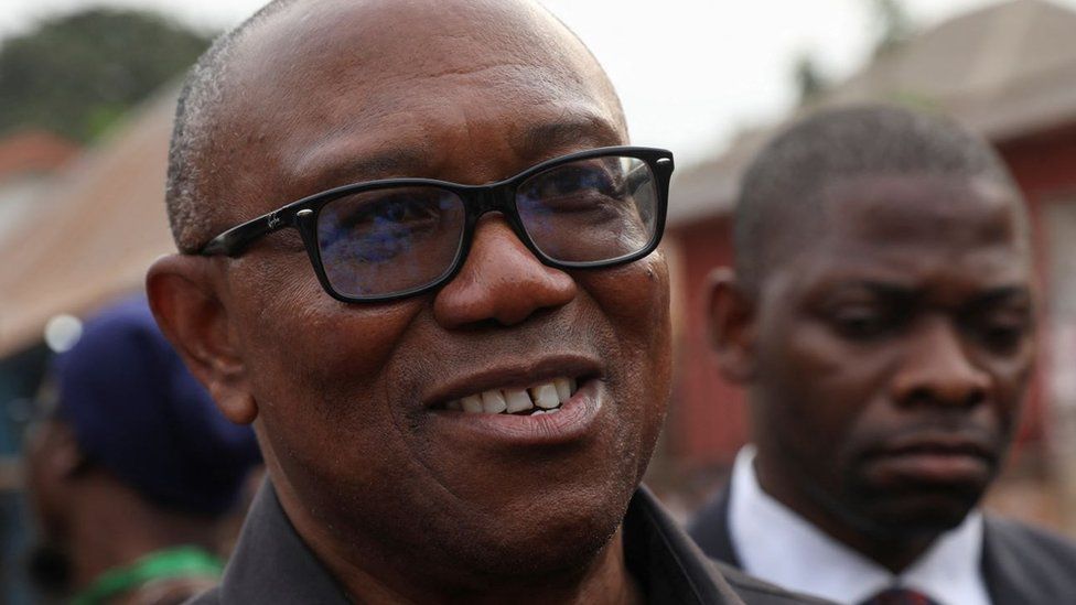 Labour Party (LP) Presidential candidate, Peter Obi, arrives at a polling unit to cast his vote during Nigeria's Presidential election in his hometown in Agulu, Anambra state, Nigeria February 25, 2023.
