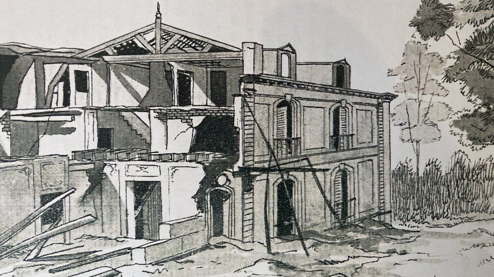 Drawing of destroyed hotel