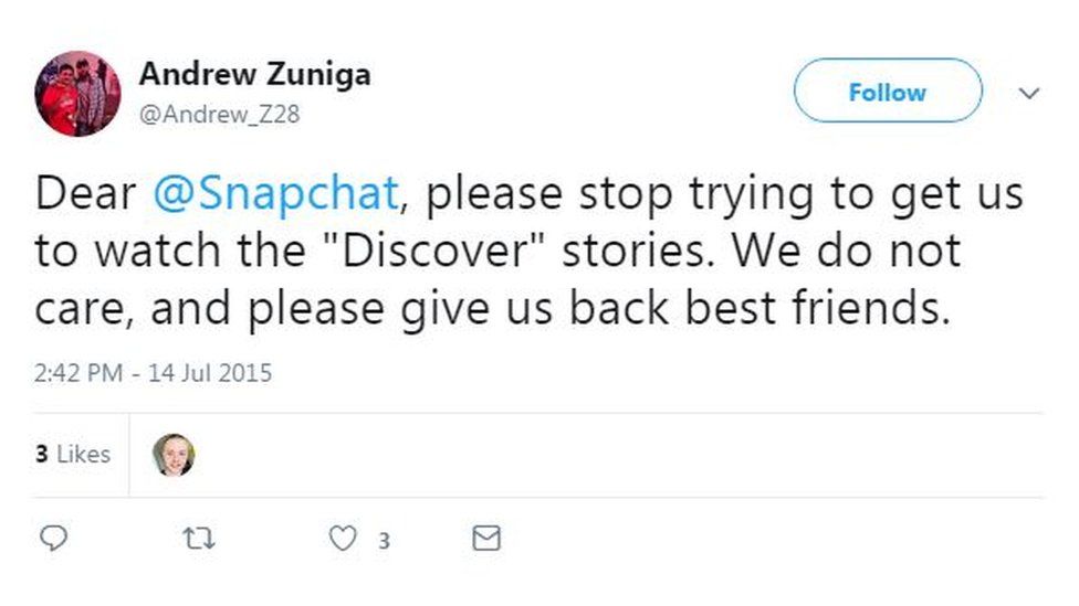 A tweet from Andrew Zuniga asks Snapchat to "give us back best friends"