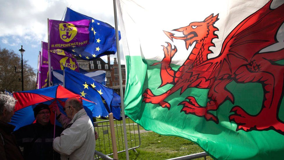 EU, UKIP flags alongside a Red Dragon flag outside the Houses of Parliament