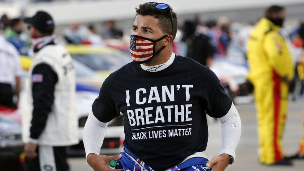 Bubba Wallace wears a Black Lives Matter shirt at Martinsville Speedway. 10 June 2020