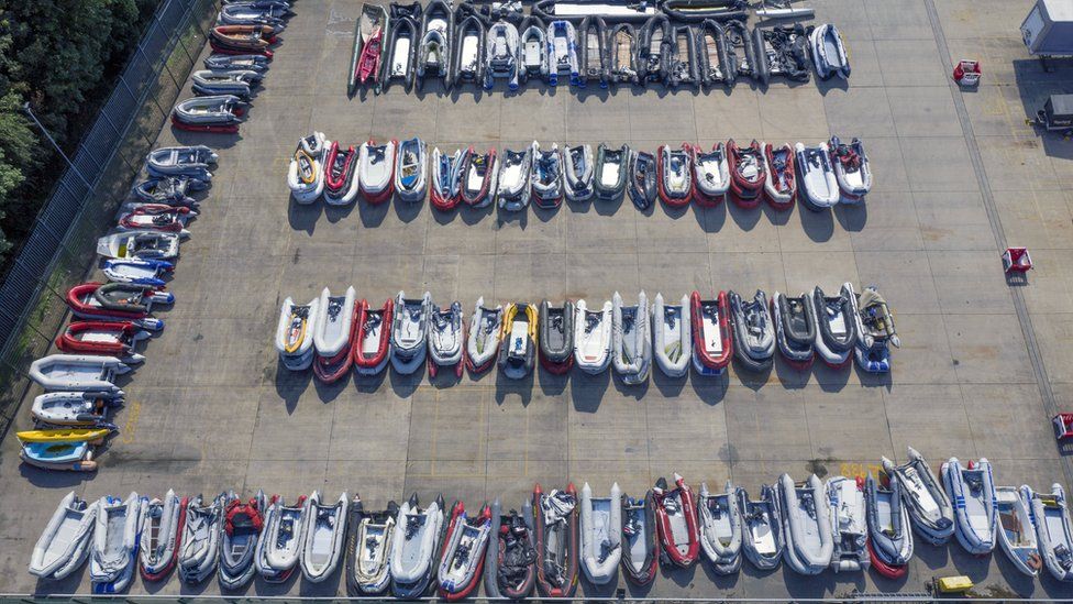 A view of boats used by people thought to be migrants are stored at a warehouse facility in Dover, Kent, after being intercepted in The Channel by Border Force as attempts to make the crossing continue.
