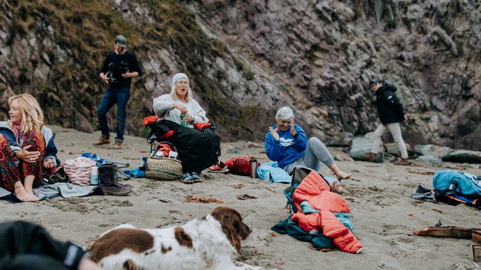 A group on the beach with a dog