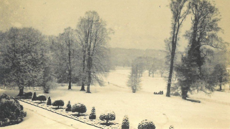 View of the frozen Half Mile Pond from Longleat House (taken in winter 1917)